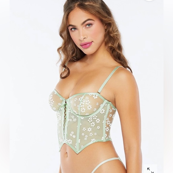 Savage X Fenty Mint Hint Green Puff Daisy Unlined Bustier Set with Bikini Panty - Picture 4 of 16